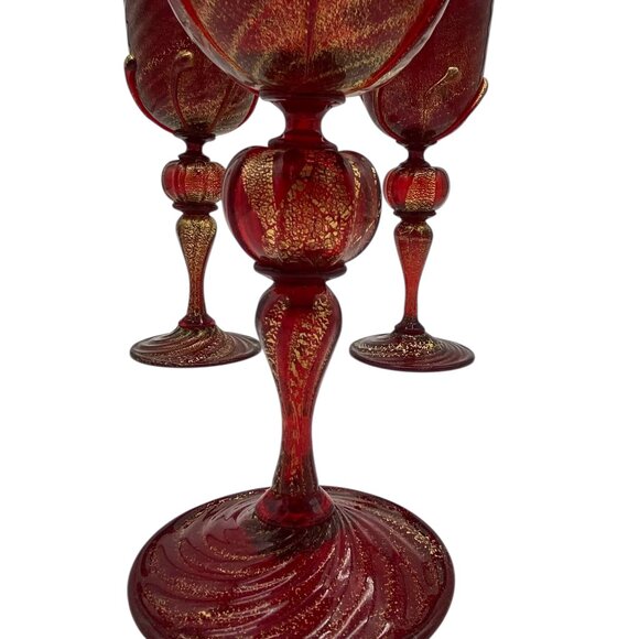Venetian Vintage Murano Gold Infused Ruby Red Goblets Set of three - Picture 7 of 8